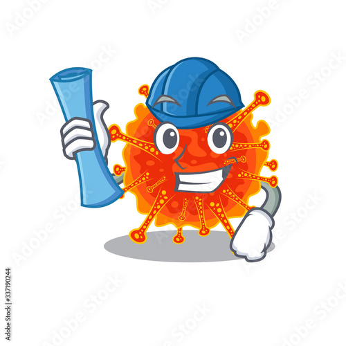 Cartoon character of riboviria brainy Architect with blue prints and blue helmet