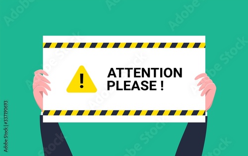 man hand holding sign board with attention please word vector illustration concept, exclamation mark caution sign, can use for, landing page, template, ui, web, homepage, poster, banner, flyer