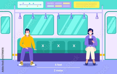 man and woman wearing a mask in public transportation vector illustration concept, people with medical mask keep physical distancing to prevent covid 19, can use for, landing page, template, banner