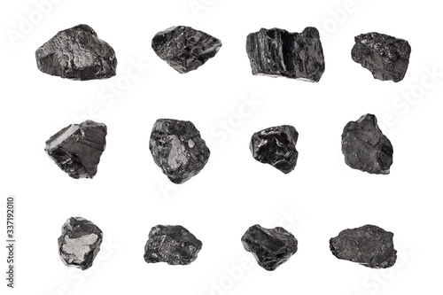 Fotobehang Black coal stones set on white background isolated close up, natural charcoal pi