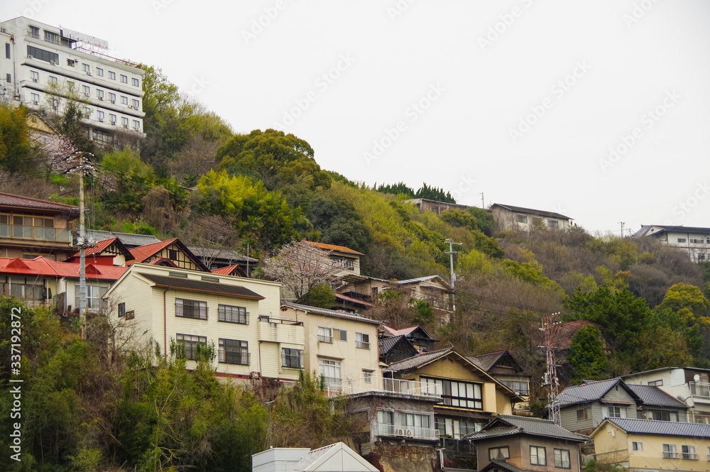 Obraz premium 山肌に風情のある建物が並ぶ街並み