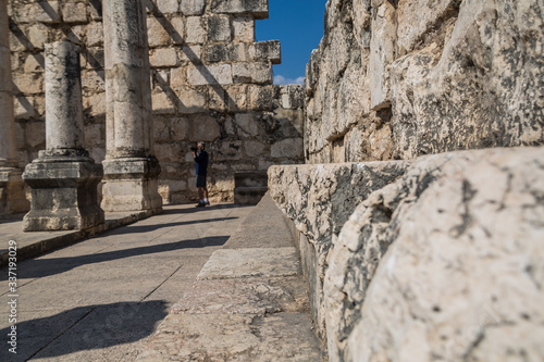 ancient ruins of first century synagogue in Israel on the sea of galilee in Capernaum, photo