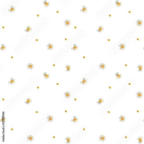 Watercolor painting fresh spring pattern. Seamless background with camomile flowers 