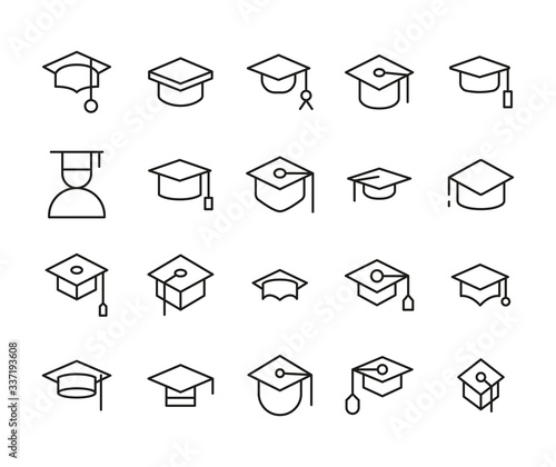 Simple set of graduation hat icons in trendy line style.