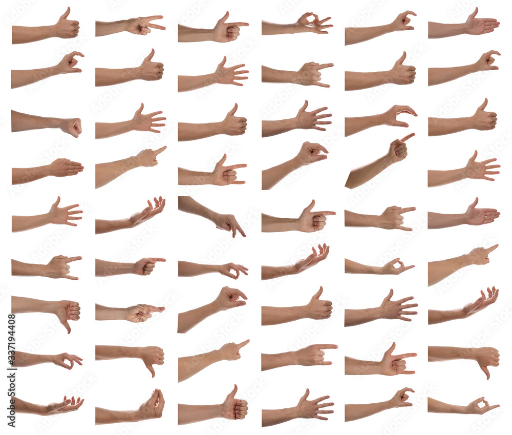 Collage with man showing different gestures on white background, closeup view of hands