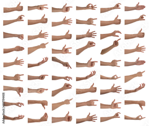 Collage with man showing different gestures on white background  closeup view of hands