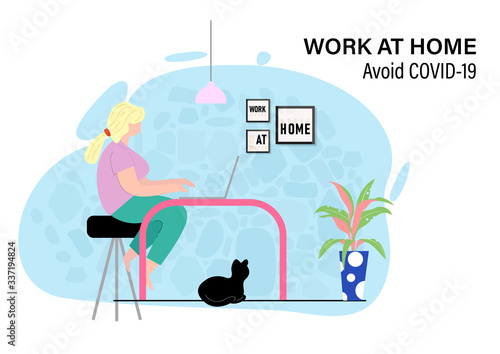 Woman working with laptop at home on white background. Corona virus quarantine concept with working from home for protection contagion of virus in flat cartoon character design.