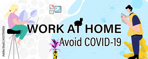 Corona virus quarantine concept with working from home for protection contagion of virus in flat cartoon character and banner design.