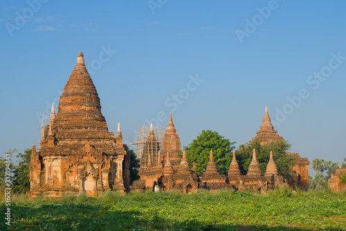 View of the ancient Buddhist temple complex on a sunny morning. Bagan, Myanmar (Burma)