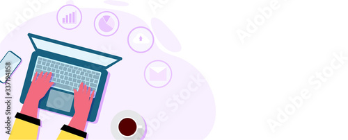 Closeup and top view hands of human working on laptop with icon of business on abstract violet shape and white background. All in flat style and banner design with space for texts.
