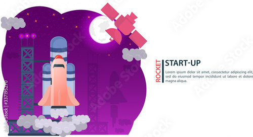 banner launch of the space Shuttle for flight at the cosmodrome for web and mobile sites design flat vector illustration