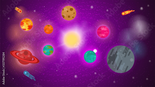 banner for the design of the universe with planets in orbit in the center the sun stars nebulae comets flat vector illustration