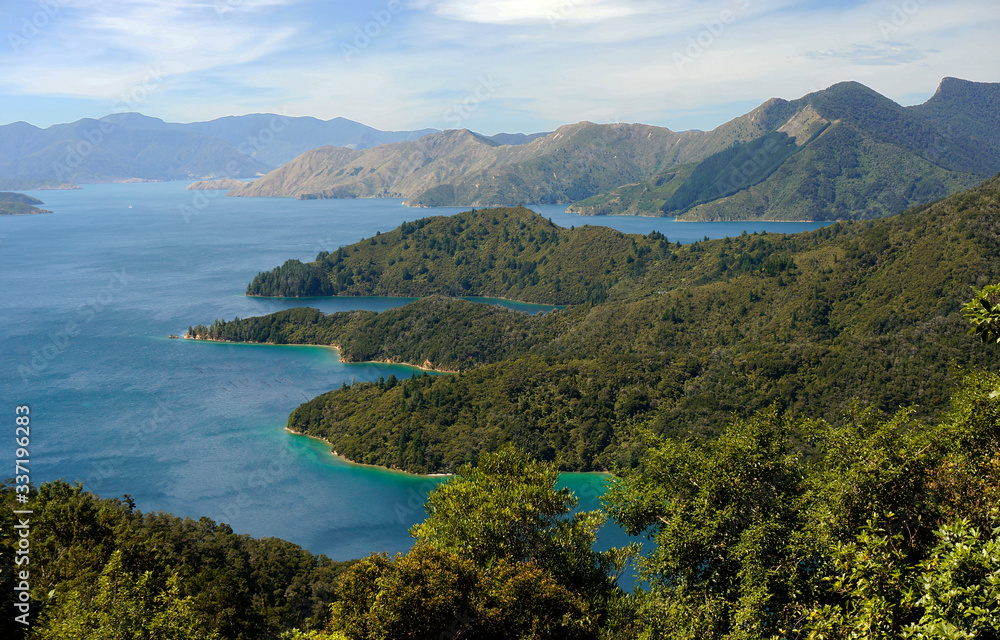 A landscape image of Queen Charlotte Sound, Marlborough Sounds, South Island, New Zealand