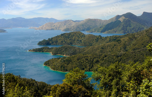 A landscape image of Queen Charlotte Sound, Marlborough Sounds, South Island, New Zealand