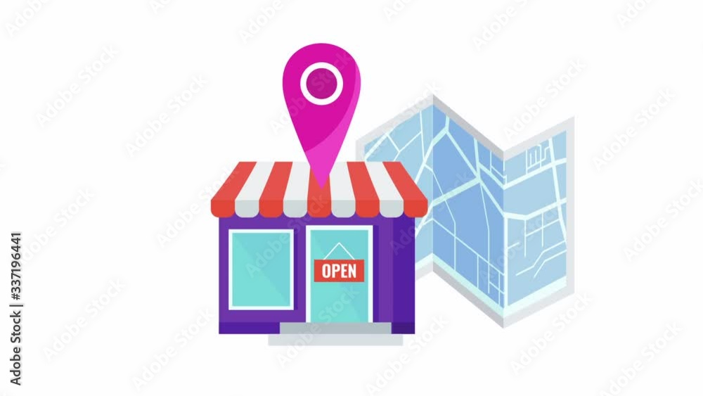 Store with pin and map animation. Icon on white background with alpha channel. Store with pin and map animation. Icon on white background with alpha channel.