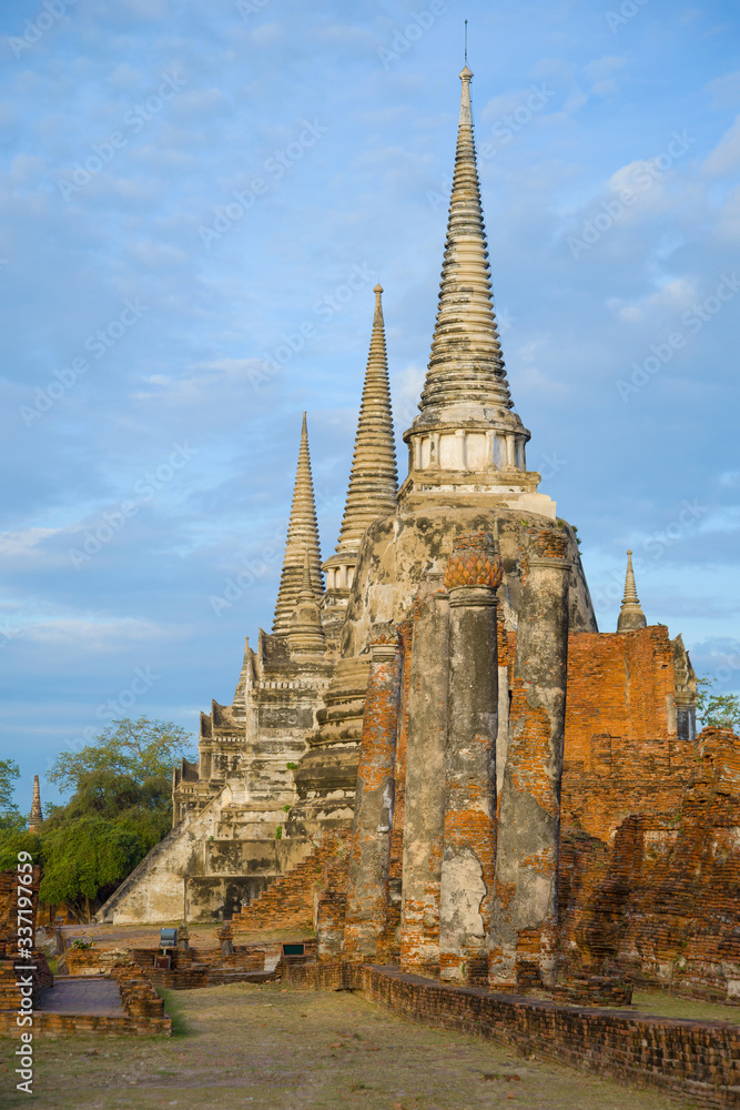 Morning on the ruins of the ancient Buddhist temple of Wat Phra Si Sanphet. Ayutthaya, Thailand