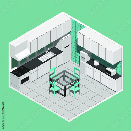 Isometric vector illustration of a kitchen