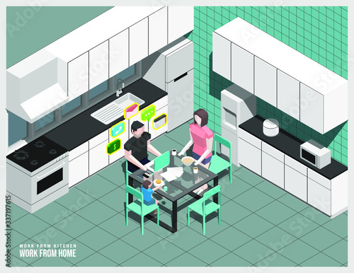 Isometric vector illustration of a man working from his kitchen's home. Accompanied by his wife and son.