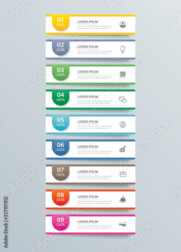 9 data infographics tab paper index template. Vector illustration abstract background. Can be used for workflow layout, business step, banner, web design.