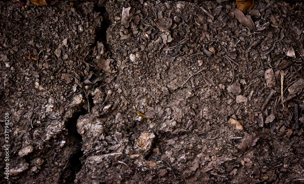 Soil dark ground surface top view texture and background.