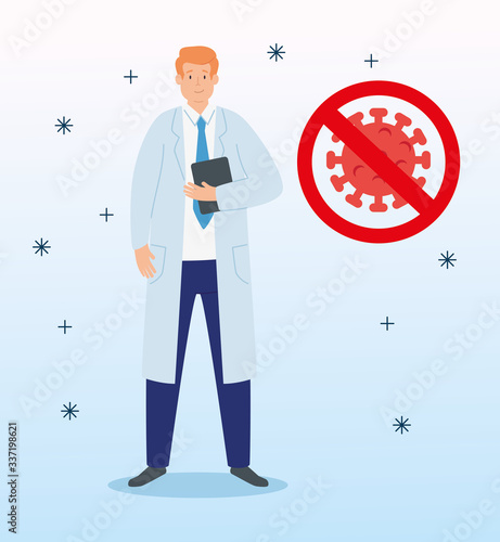 doctor with particle of coronavirus 2019 ncov in forbidden signal vector illustration design