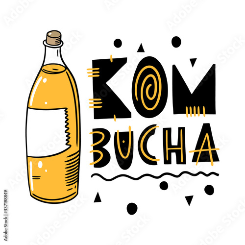 Kombucha tea lettering and bottle. Vector illustration. Isolated on white background.