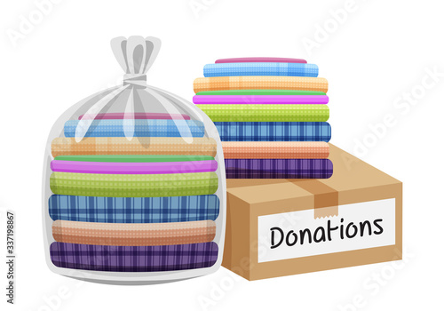 second hand clothes in the bag and crate, boxes for donations isolated on white, used shirts for donations and crate boxes, closed box donate, pile clothes used, clip art second hand donated clothes