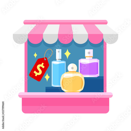 storefront pink of perfume shop isolated on white, perfume store front for symbol shop online ad, clip art perfume shop for online shopping flat icon, illustration perfume shop of infographics website