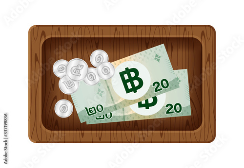 banknote money 20 baht thai and token coin on wood tray, money with giving tip concept, banknote and coin money wooden plate isolated on white, thailand money baht on for give thanks service mind