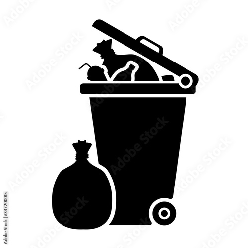bin, wheelie bin and waste icon black isolated on white background, clip art of dustbin garbage full, trash bin flat for infographics, illustration draw of dumpster recycle bin simple