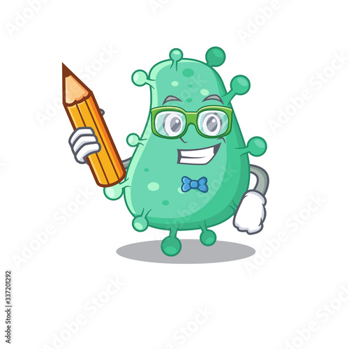 A brainy student agrobacterium tumefaciens cartoon character with pencil and glasses