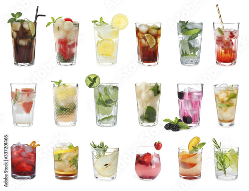 Set with different refreshing cocktails on white background