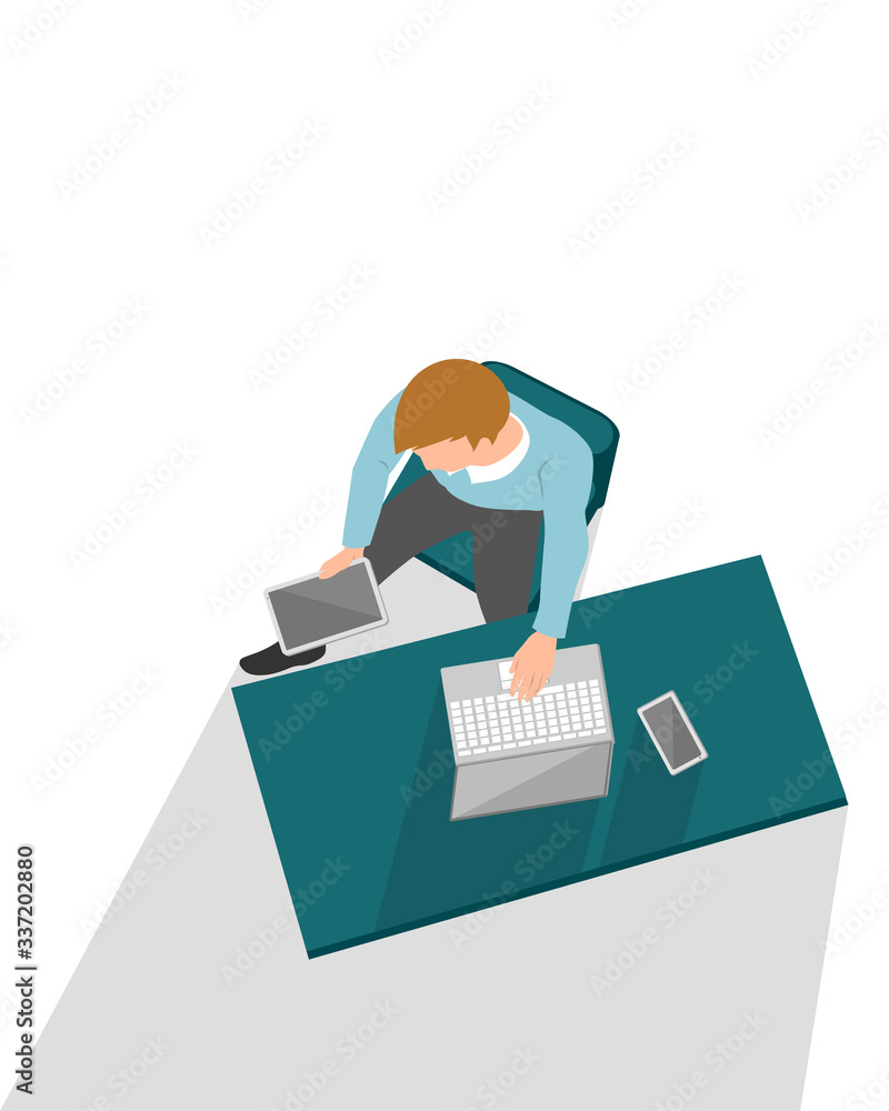 Top view man working with Laptop, Tablet and smartphone on table. Flat design illustration style. Top view man working with Laptop, Tablet and smartphone on table. Flat design illustration style.
