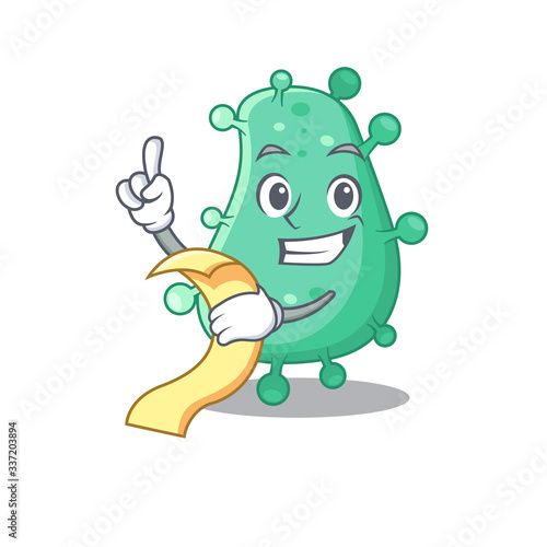 Agrobacterium tumefaciens mascot character design with a menu on his hand