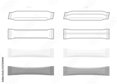 Set of stick pack for products of the food and cosmetic industry on white background. Realistic and contour vector illustration. Possibility use for granulated, powder products. Coffee, 3 in 1, sugar.
