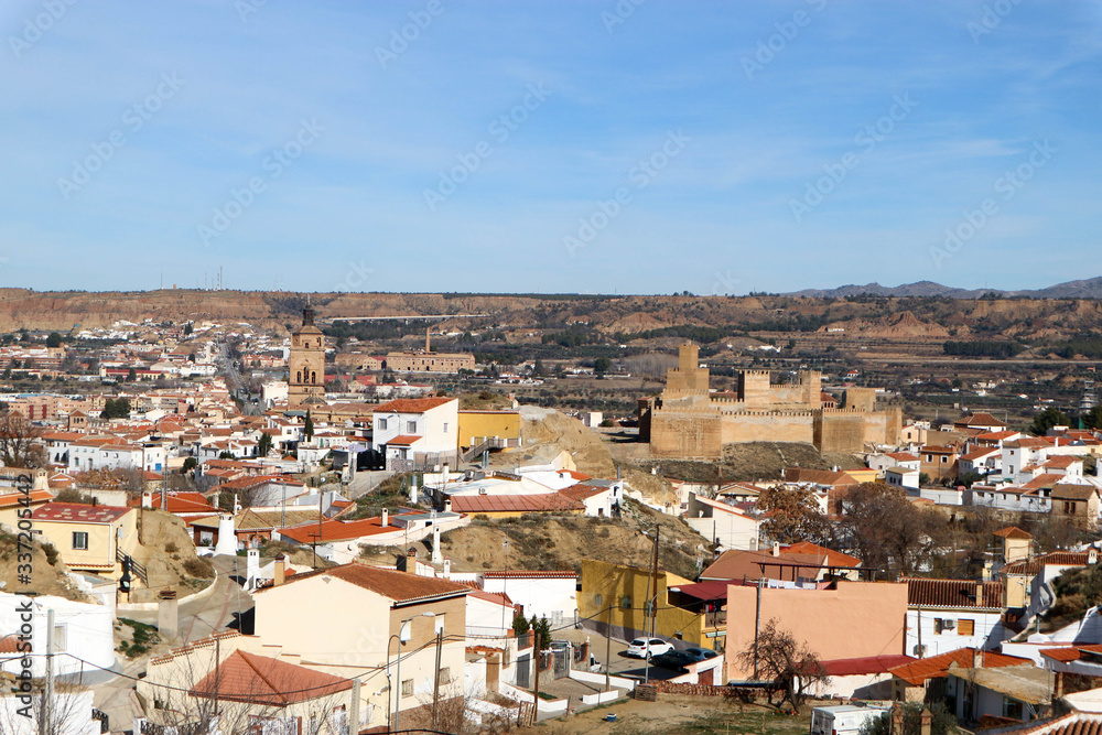 Beautiful panoramic winter view of Guadix, Granada, Spain with mountains on the background