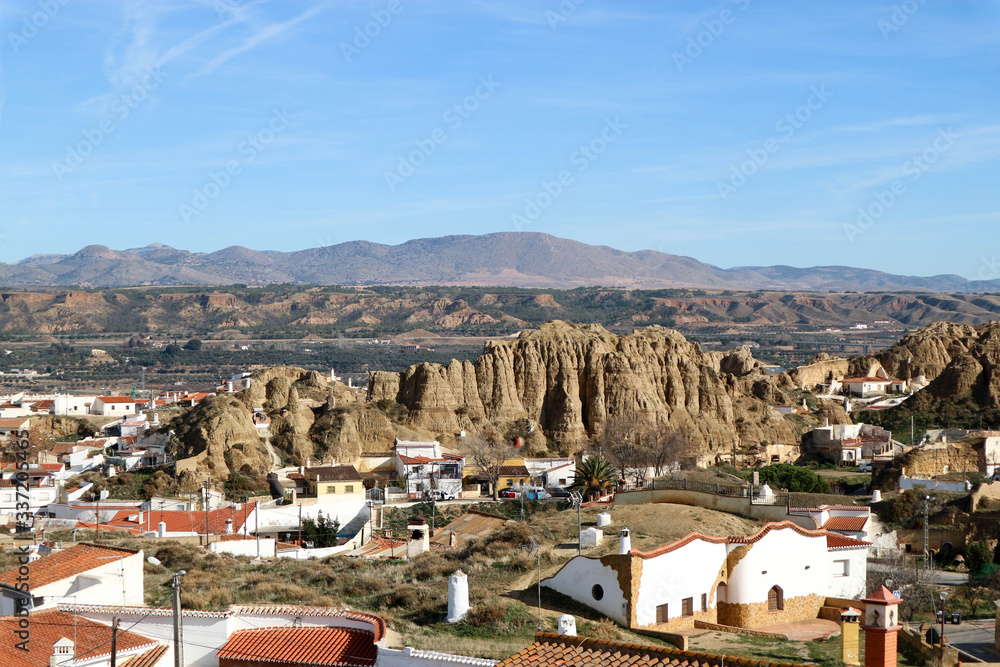 Beautiful panoramic winter view of Guadix, Granada, Spain with mountains on the background