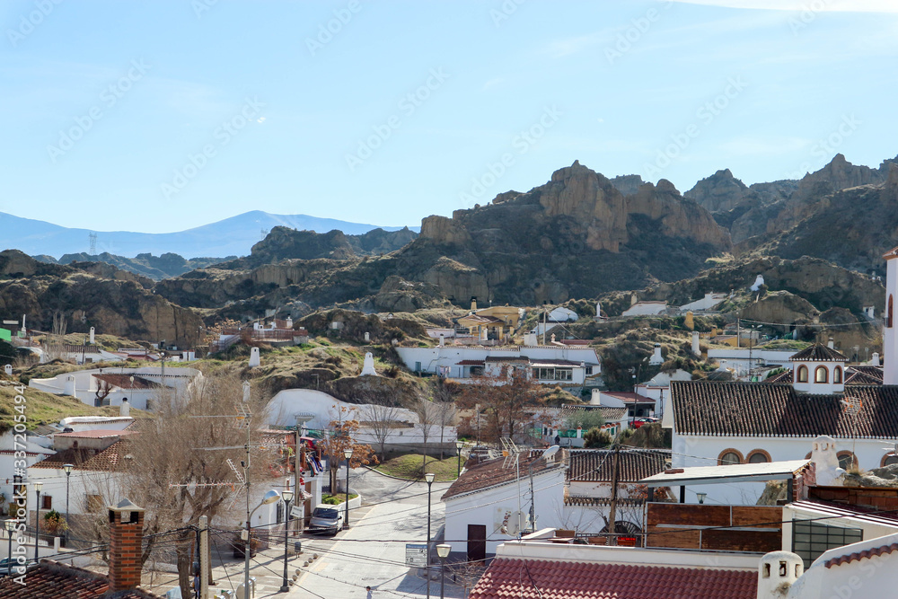 Beautiful panoramic winter view of Guadix, Granada, Spain with mountains on the background

