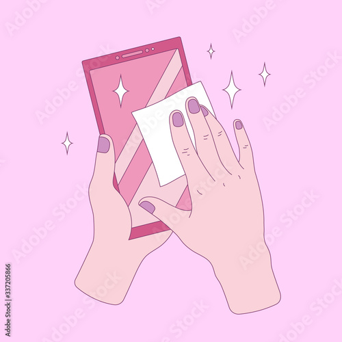 Coronavirus, covid-19 personal protection. Sanitizer smartphone or smartphone disinfection concept. Wipe phone antibacterial napkin. Hygiene during pandemic outbreak - vector in cute linear flat style