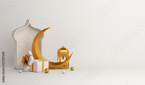 Islamic background, Gift box, lantern, gold crescent moon on white. Design concept of ramadan kareem, mawlid, iftar,isra and miraj or eid al fitr adha, copy space text area, 3D illustration. photo