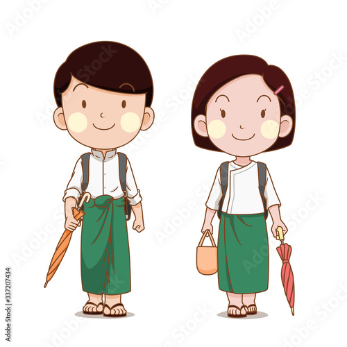 Cute couple of Myanmar students going to school.