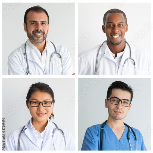 Diverse clinic staff portrait set. Positive men and women of different races and ages in medial uniforms multiple shot collage. Medicine concept photo
