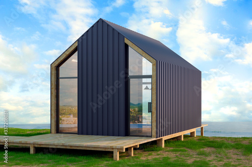 Wooden secluded house in Scandinavian modern style with large Windows overlooking the lake, fireplace at sunset against a background of coniferous green forest and blue sky. 3D illustration