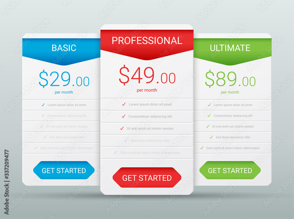 Price comparison table layout template for three products, vector illustration Price comparison table layout template for three products, vector illustration