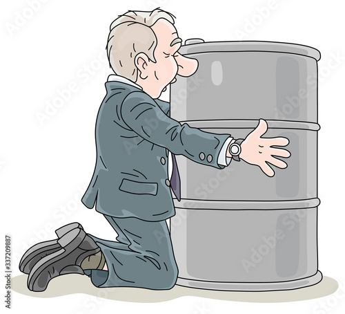 Businessman praying for higher prices of oil, kneeling and embracing a barrel of gasoline, vector cartoon illustration on a white background