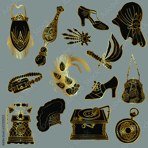 1920s Art Deco Accessories Set. Cartoon style. Stock Illustration.