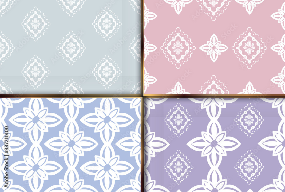 Set of geometric textile ornament seamless patterns oriental bold fabric print. Floral surface design