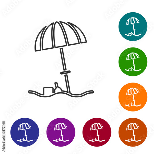 Black line Sun protective umbrella for beach icon isolated on white background. Large parasol for outdoor space. Beach umbrella. Set icons in color circle buttons. Vector Illustration