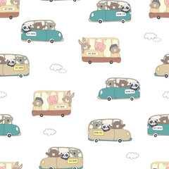 Papier peint photo Animaux en transport patrons Kids baby pattern of animals driving a car in the white backdrop  © Maryam Hamila