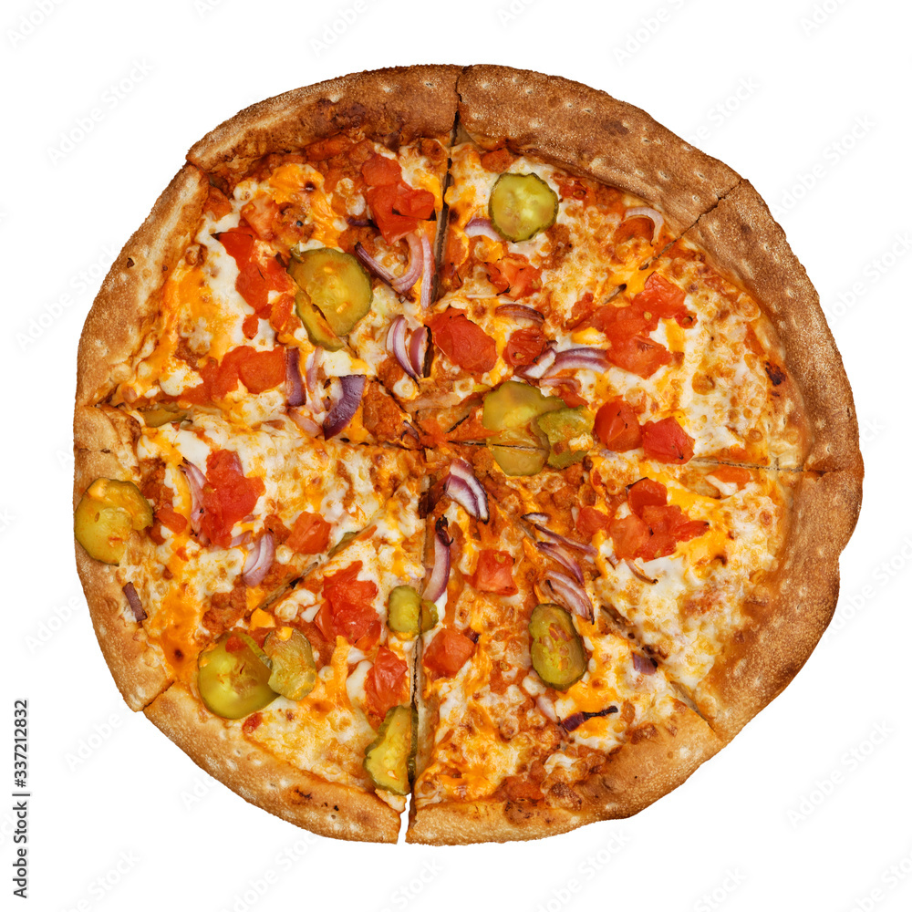Pizza with onions, tomatoes and pickles isolated on white. Top view.